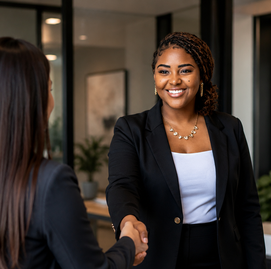 Two women in business attire shaking hands in an office setting.