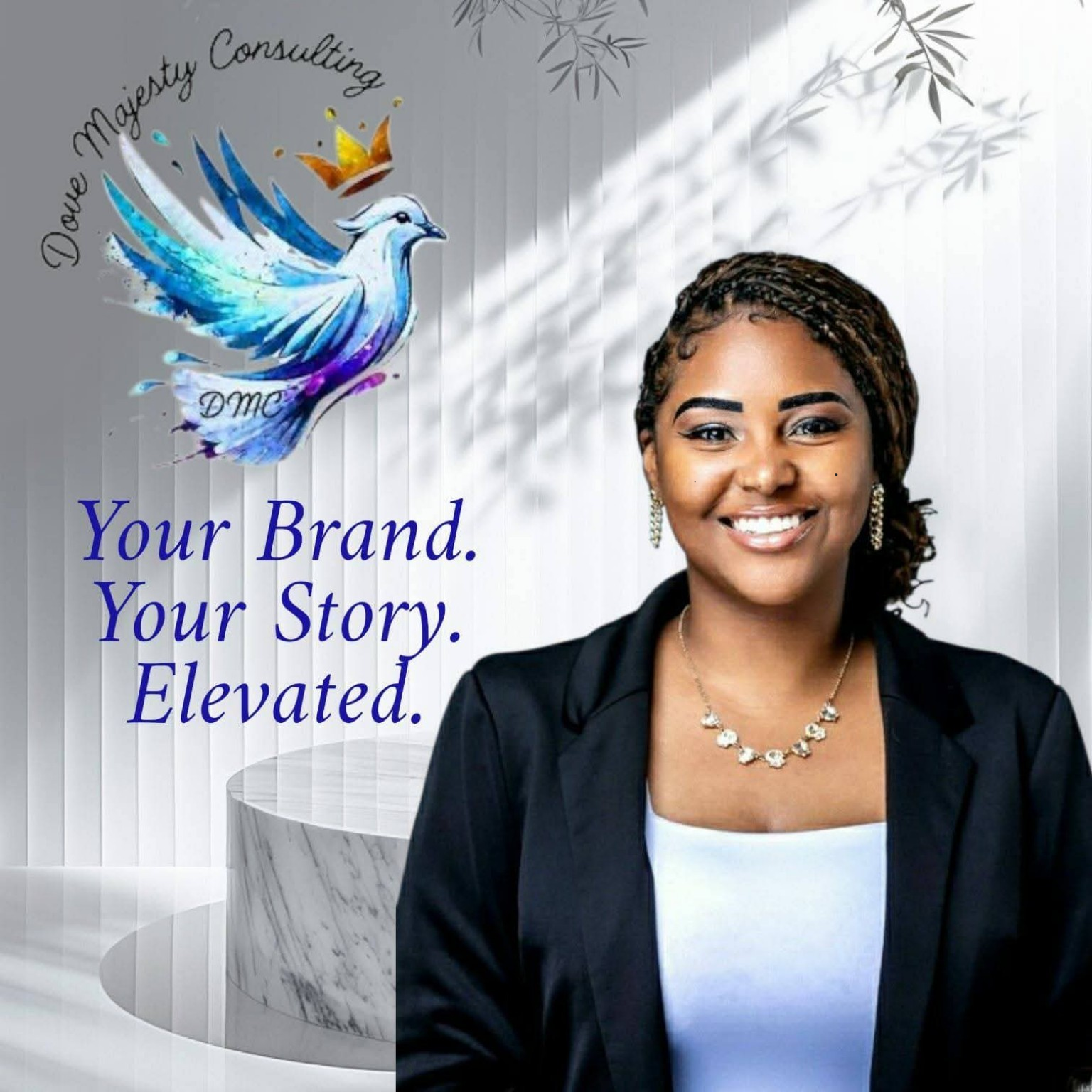 A smiling woman with medium skin tone, short braided hair, black blazer, white top, and jewelry standing in front of a gray and white background with an abstract design of a bird with blue and purple colors, and a quote that reads 'Your Brand. Your Story. Elevated.'