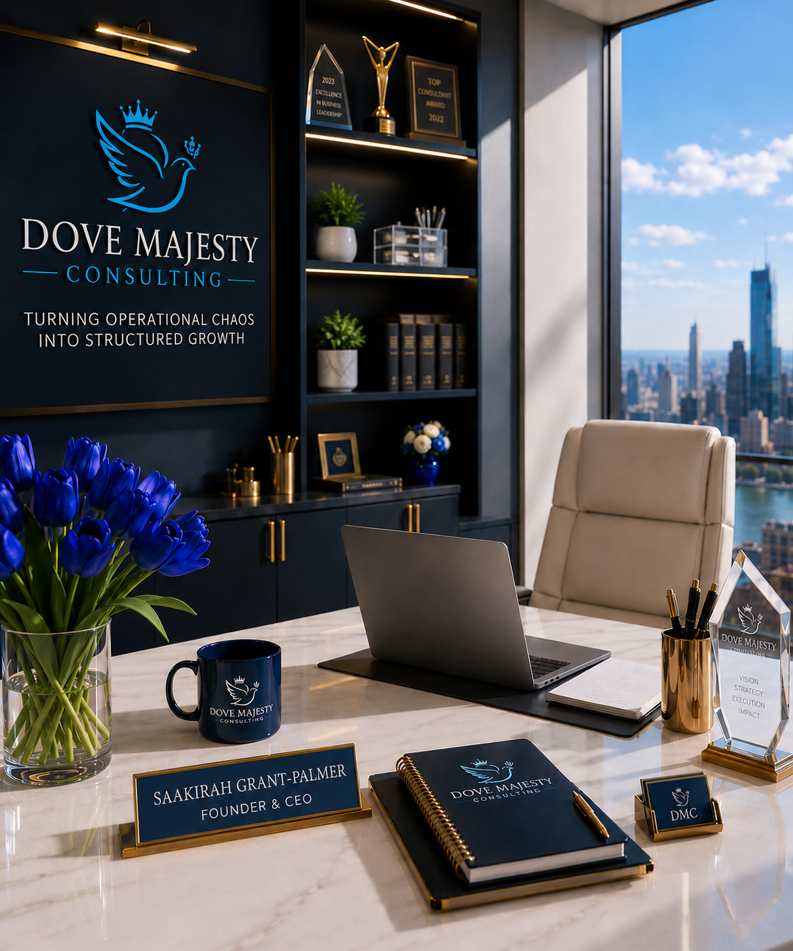 Modern office conference room with a white marble table, blue flowers, a laptop, a mug, a nameplate for Saakirah Grant-Palmer, notebooks, and a city view through large windows. The office features a dark wall with a logo and awards.