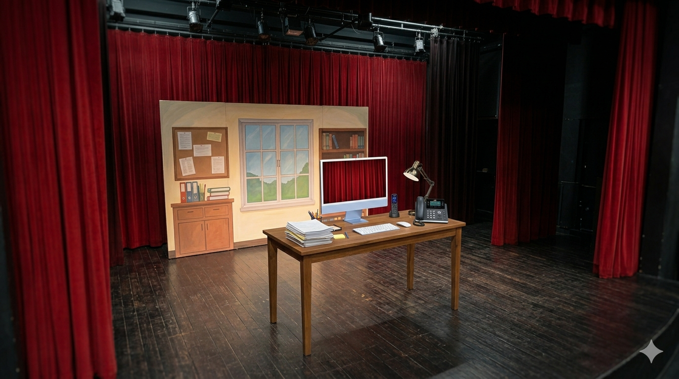 Drama Theatre Set with backdrop, prop computer and phone with desk paperwork.