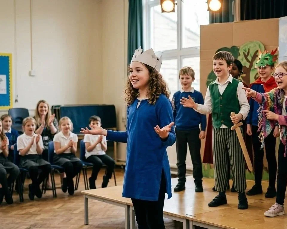 Children performing in a school play, with one girl wearing a crown, others in costumes, some clapping and smiling.