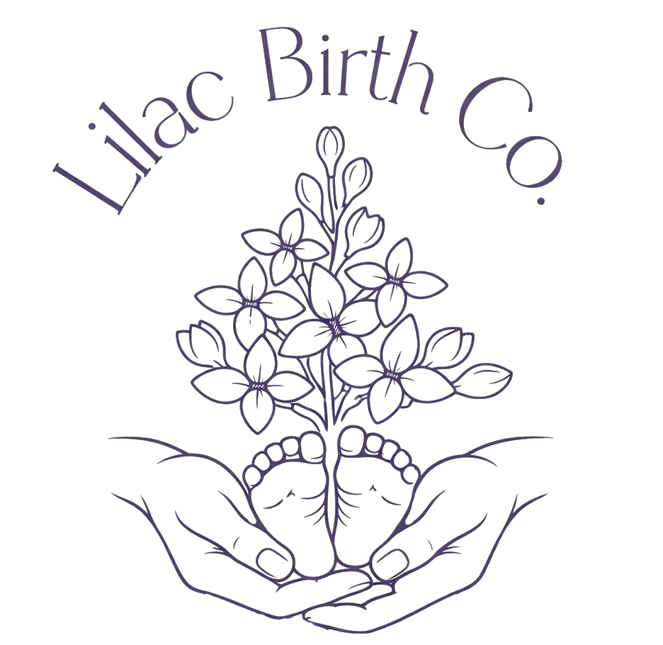 Lilac Birth Co. logo with hands holding baby feet and lilacs growing upward