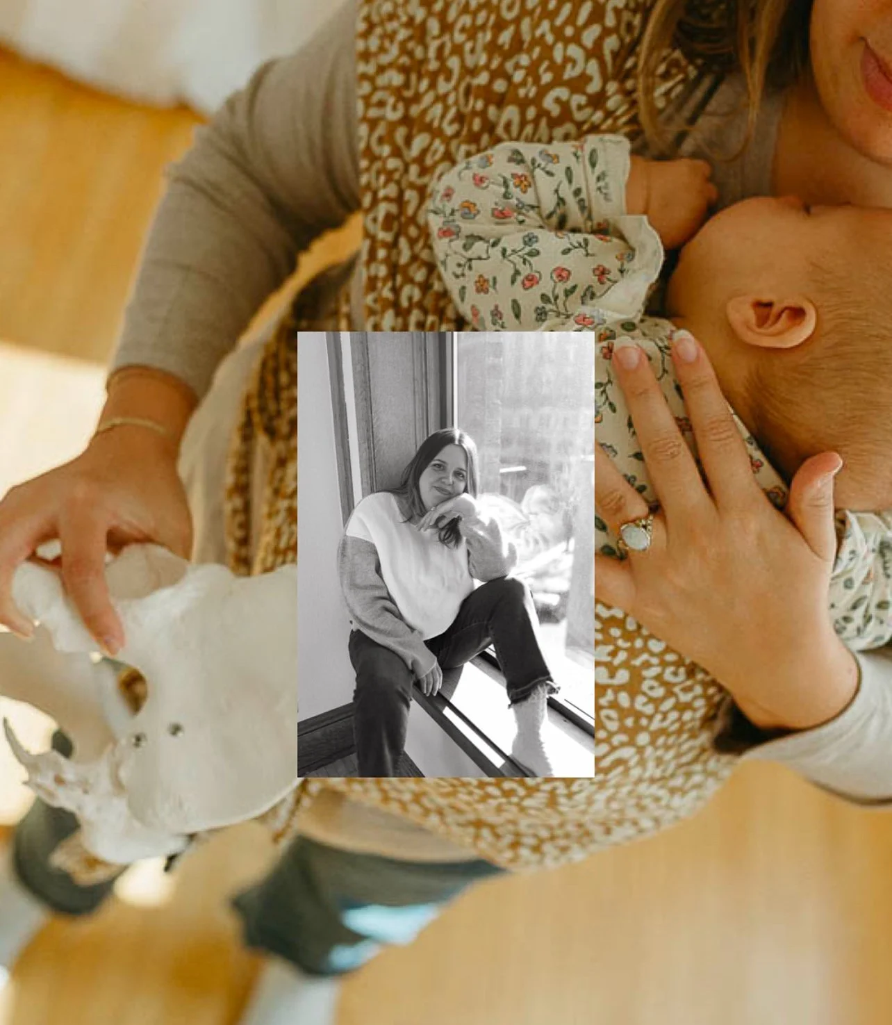 A person holding a mug with a foamy beverage, a woman sitting by a window with a smile, and a baby breastfeeding.