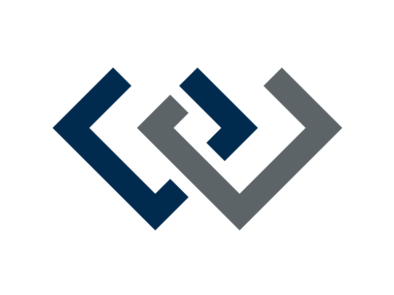 Abstract geometric logo with interconnected angular shapes in shades of navy blue and gray.