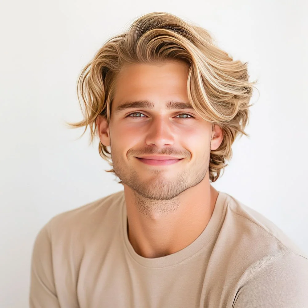 Close-up portrait of a young man with blonde, wavy hair and blue eyes smiling at the camera against a plain white background.