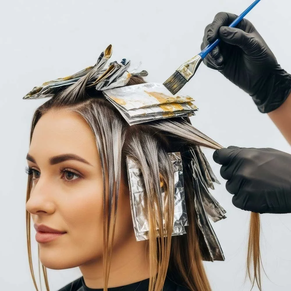 A woman getting hair dye added with foils, with a stylist applying color using a brush, wearing black gloves.
