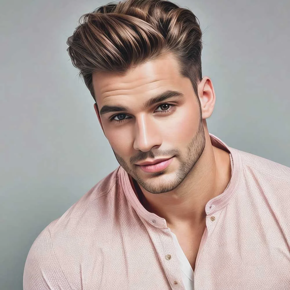 Portrait of a young man with styled brown hair, light skin, and a slight beard, wearing a light pink button-up shirt, looking at the camera with a confident expression.
