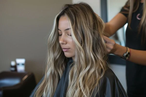 A young woman with long blonde hair sitting with eyes closed at a hair salon, while a stylist works on her hair.