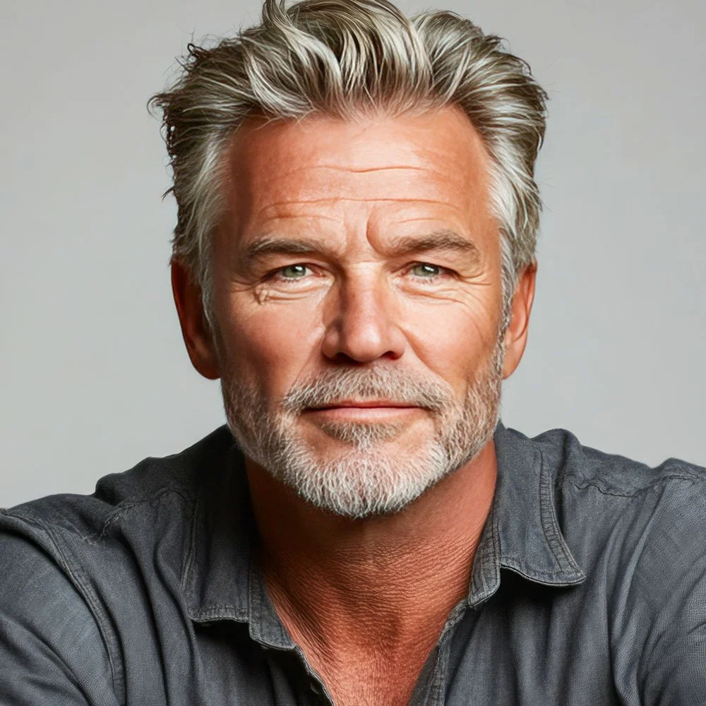 Portrait of a middle-aged man with gray hair and a beard, wearing a dark shirt, looking directly at the camera with a neutral expression.