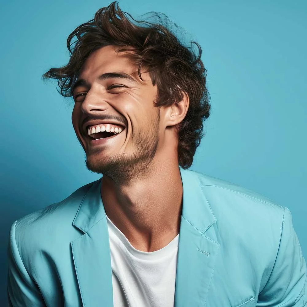 A young man with brown, tousled hair, smiling broadly with his eyes closed, wearing a light blue blazer and white T-shirt against a blue background.