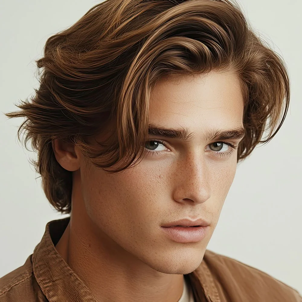 Close-up of a young man with wavy brown hair, blue eyes, and light freckles, wearing a brown jacket, against a neutral background.