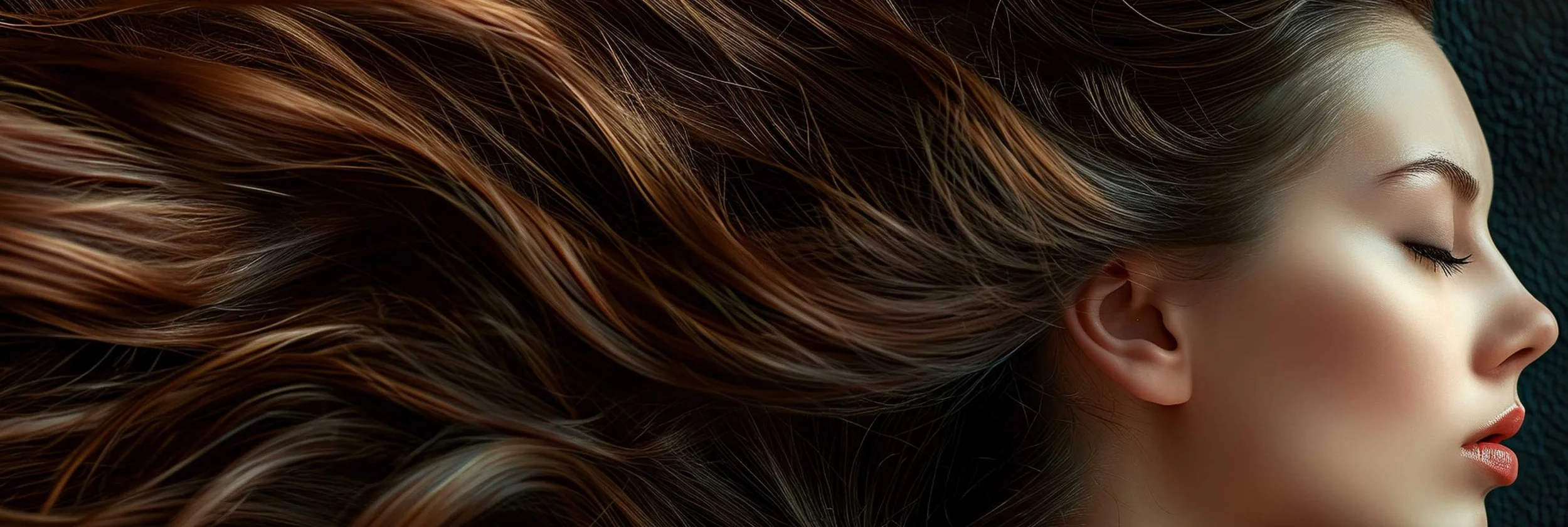 Close-up of a woman with long, flowing brown hair lying with her eyes closed, side profile view.