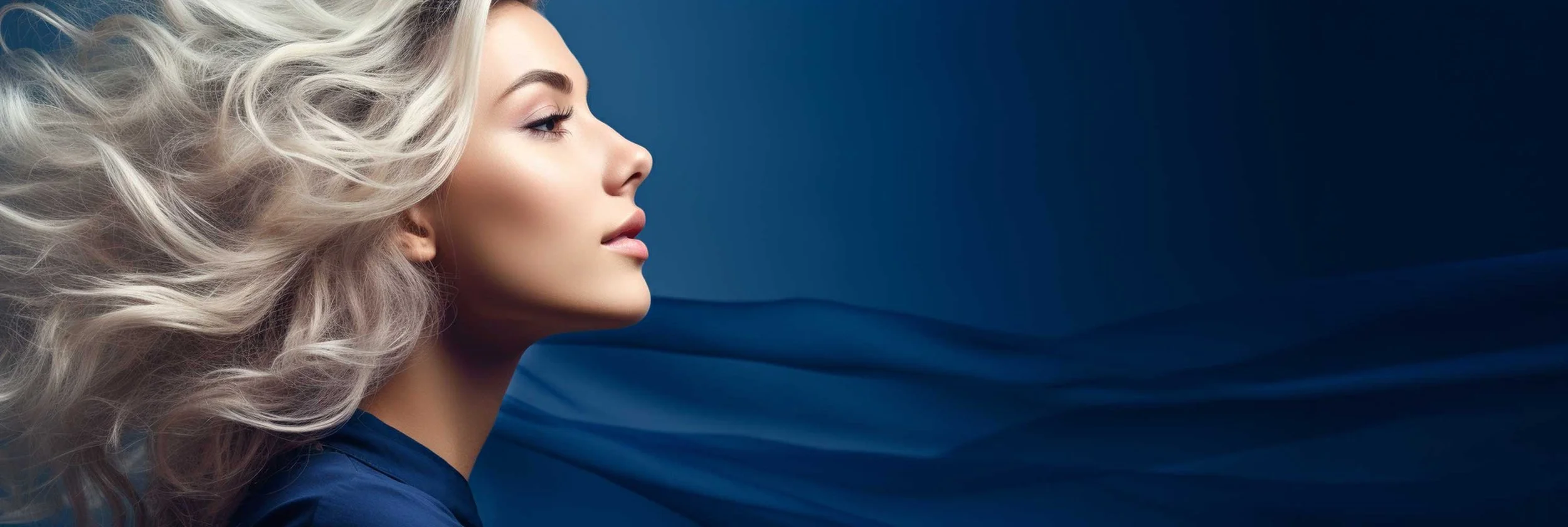 A profile portrait of a woman with long, wavy blonde hair, wearing a dark blue garment, against a matching blue background.