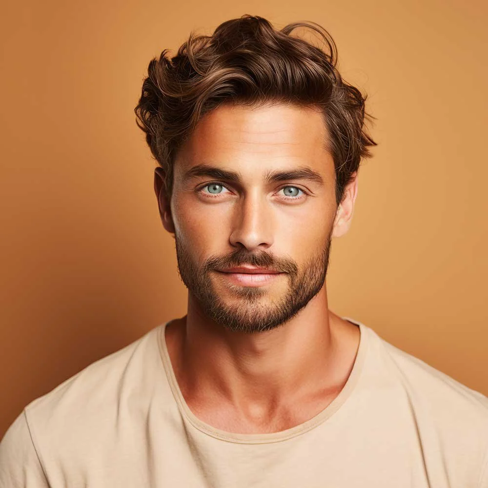 A young man with light skin, wavy brown hair, blue eyes, and a beard, wearing a beige shirt, standing against a plain tan background.