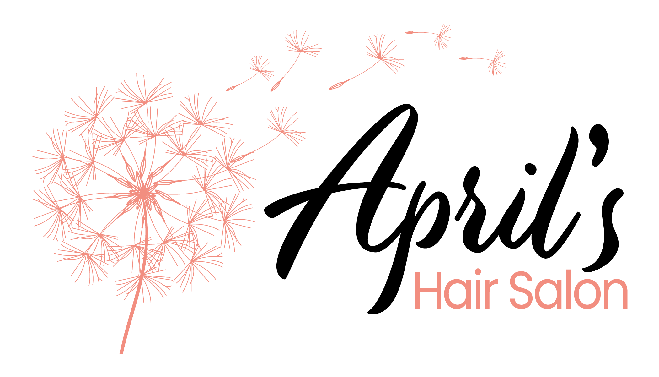 Pink logo with a dandelion design and the words 'Hair Salon' next to it.