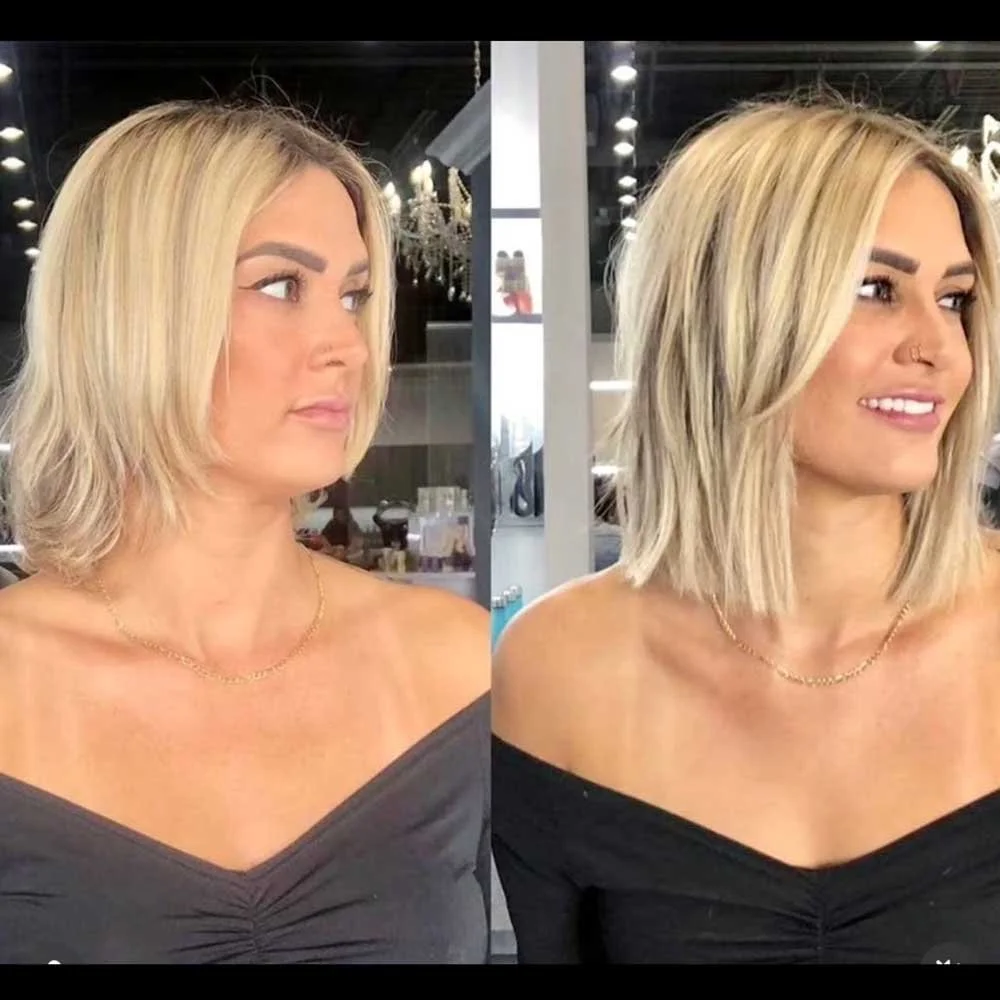 Side-by-side comparison of a woman with shorter, straight blonde hair in the left photo, and longer, wavy blonde hair in the right photo, both inside a salon.