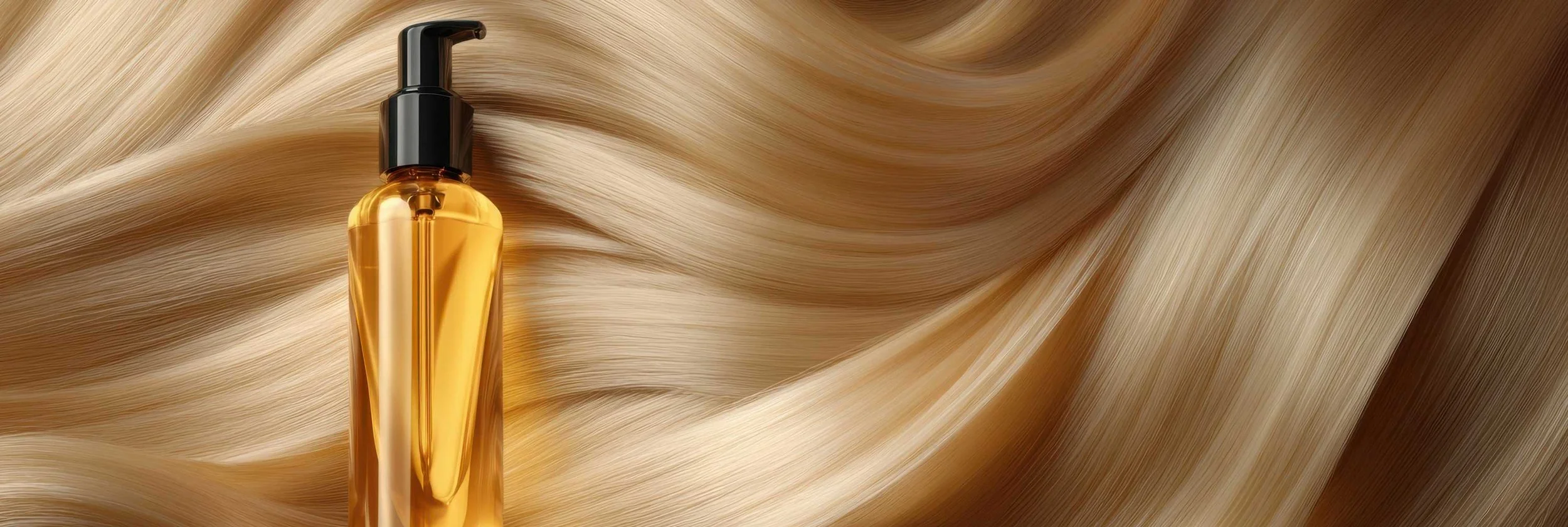 A gold-colored pump bottle on a silky, luxurious hair background.