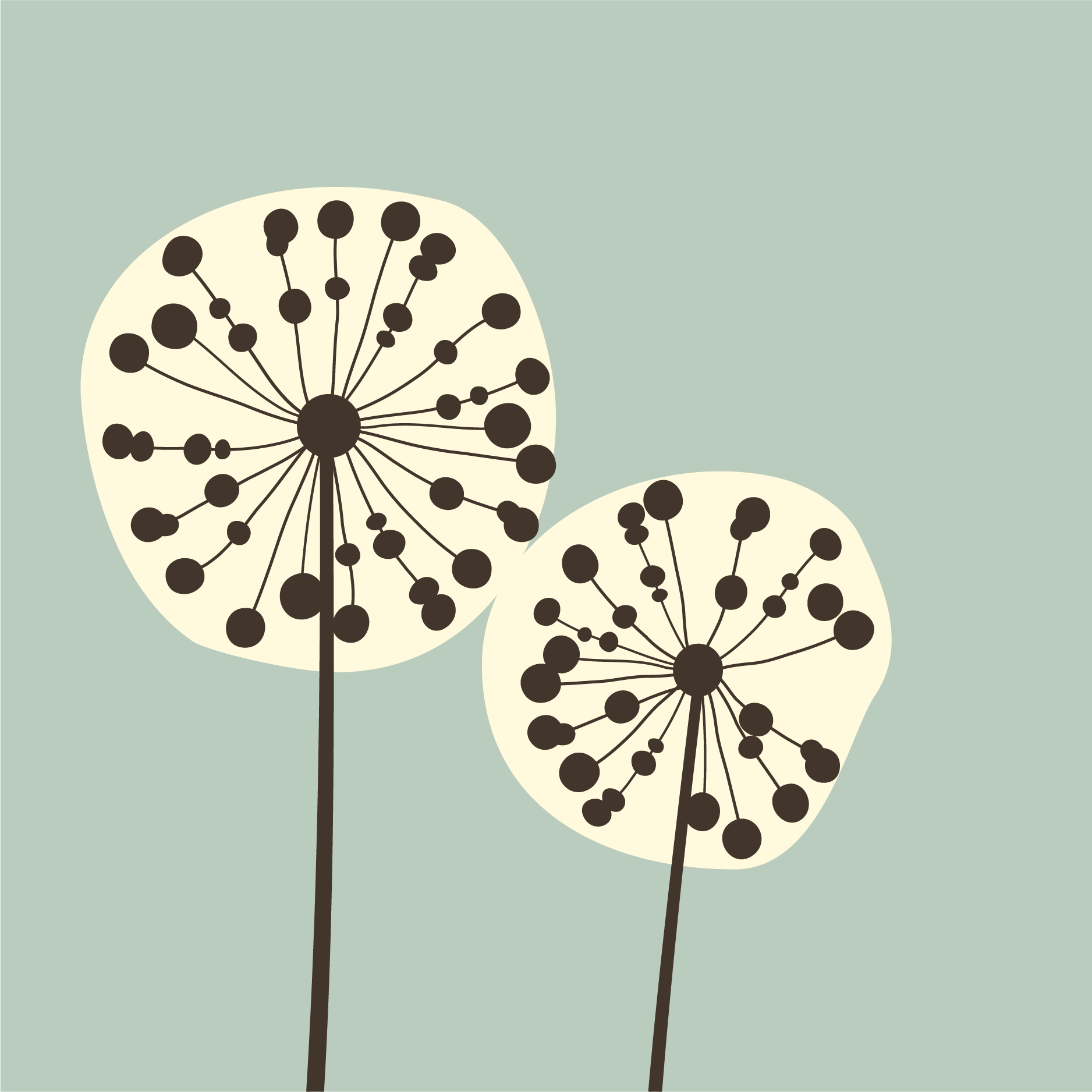 Three stylized dandelion seed heads with dark brown seeds on cream-colored circular backgrounds, set against a muted green backdrop.