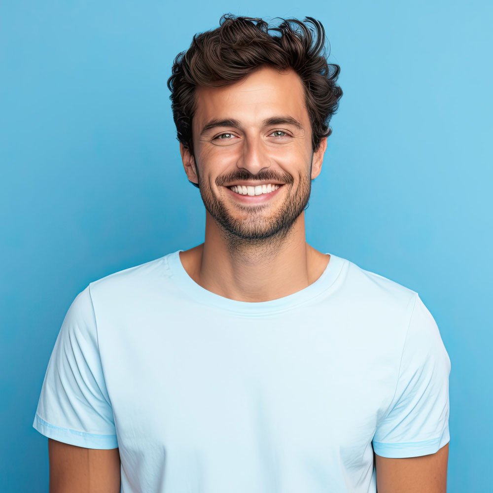 Smiling man with brown hair and beard wearing a white t-shirt against a blue background.