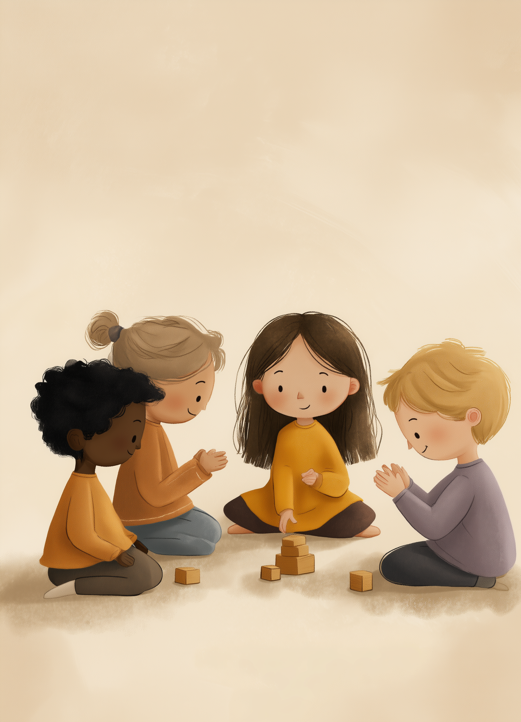 Children playing a game with wooden blocks in a circle