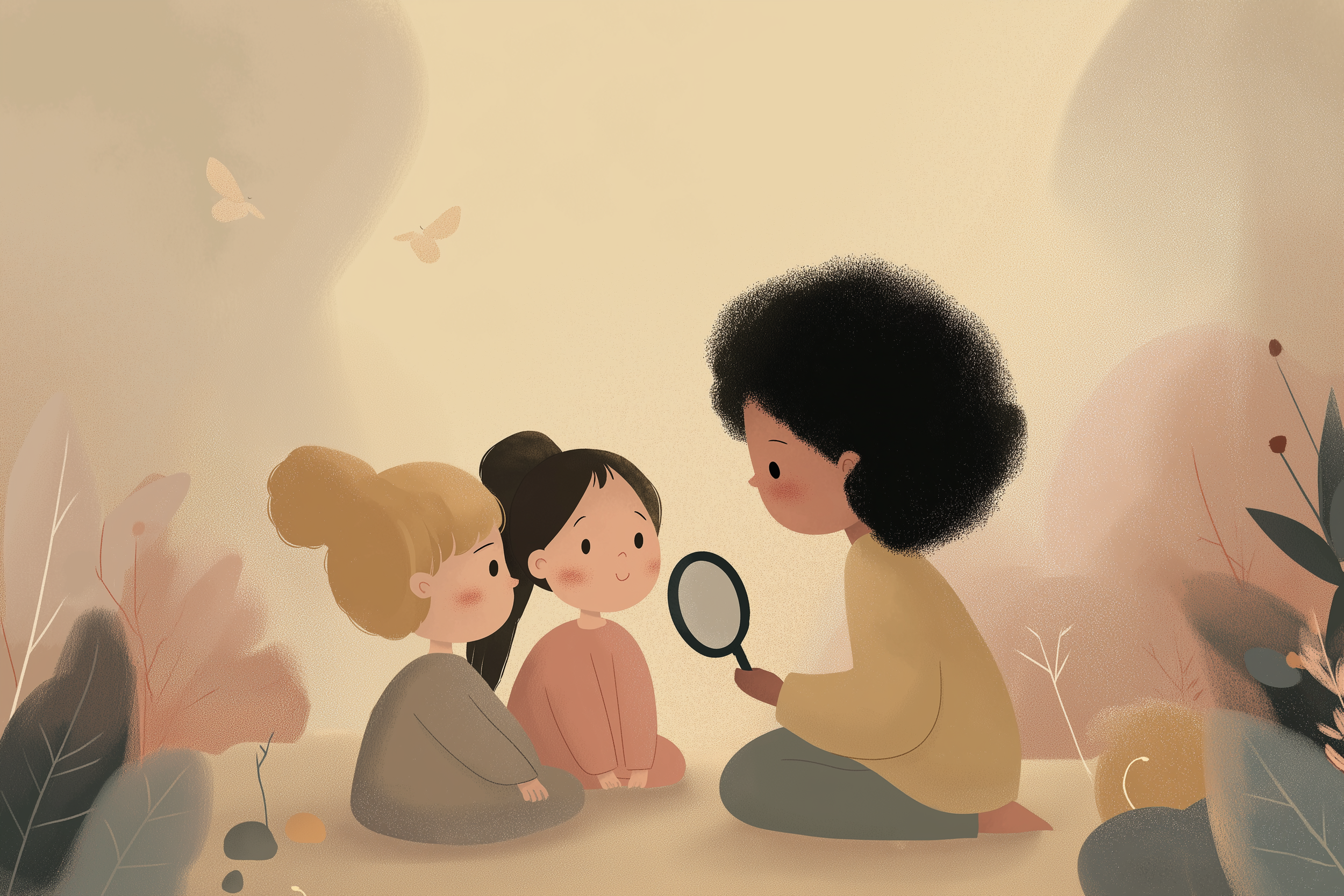 An animated scene with a woman showing a mirror to two young girls in a soft, pastel-colored background with abstract plants and butterflies.