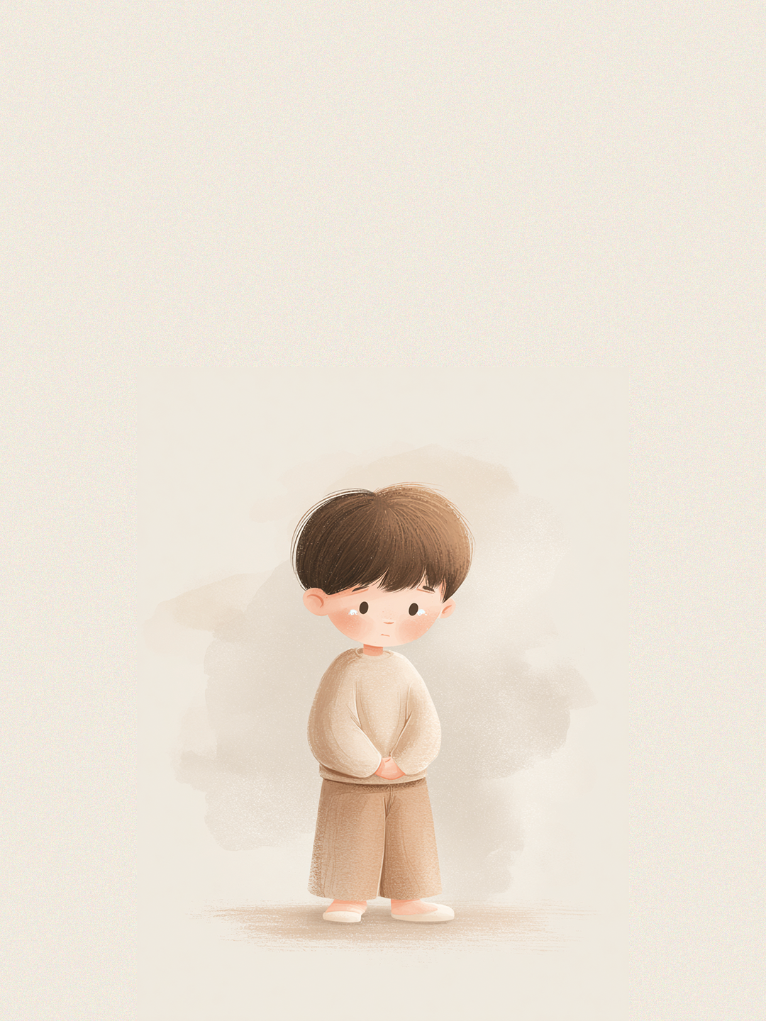 Illustration of a boy with brown hair wearing a beige cozy sweater and matching pants, standing with clasped hands, gentle smile, and blushing cheeks, against a soft, neutral watercolor background.