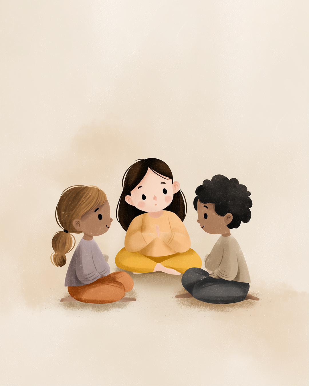 Cartoon illustration of three children sitting cross-legged on the floor, engaging in a mindful or meditation activity, with a plain beige background.