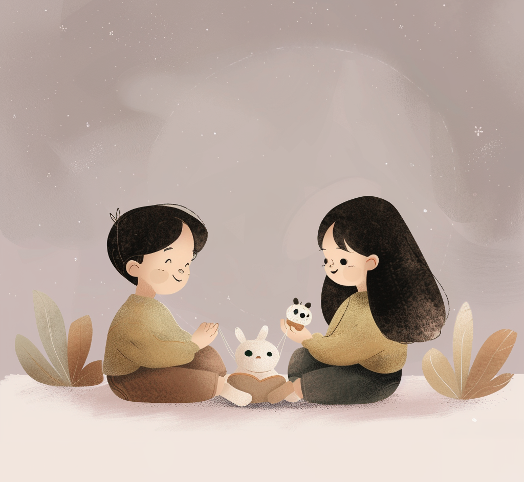 A digital illustration of two children sitting on the ground facing each other, smiling, with a plush toy rabbit and a panda-shaped cupcake between them, surrounded by simple stylized plants and a soft, starry sky background.