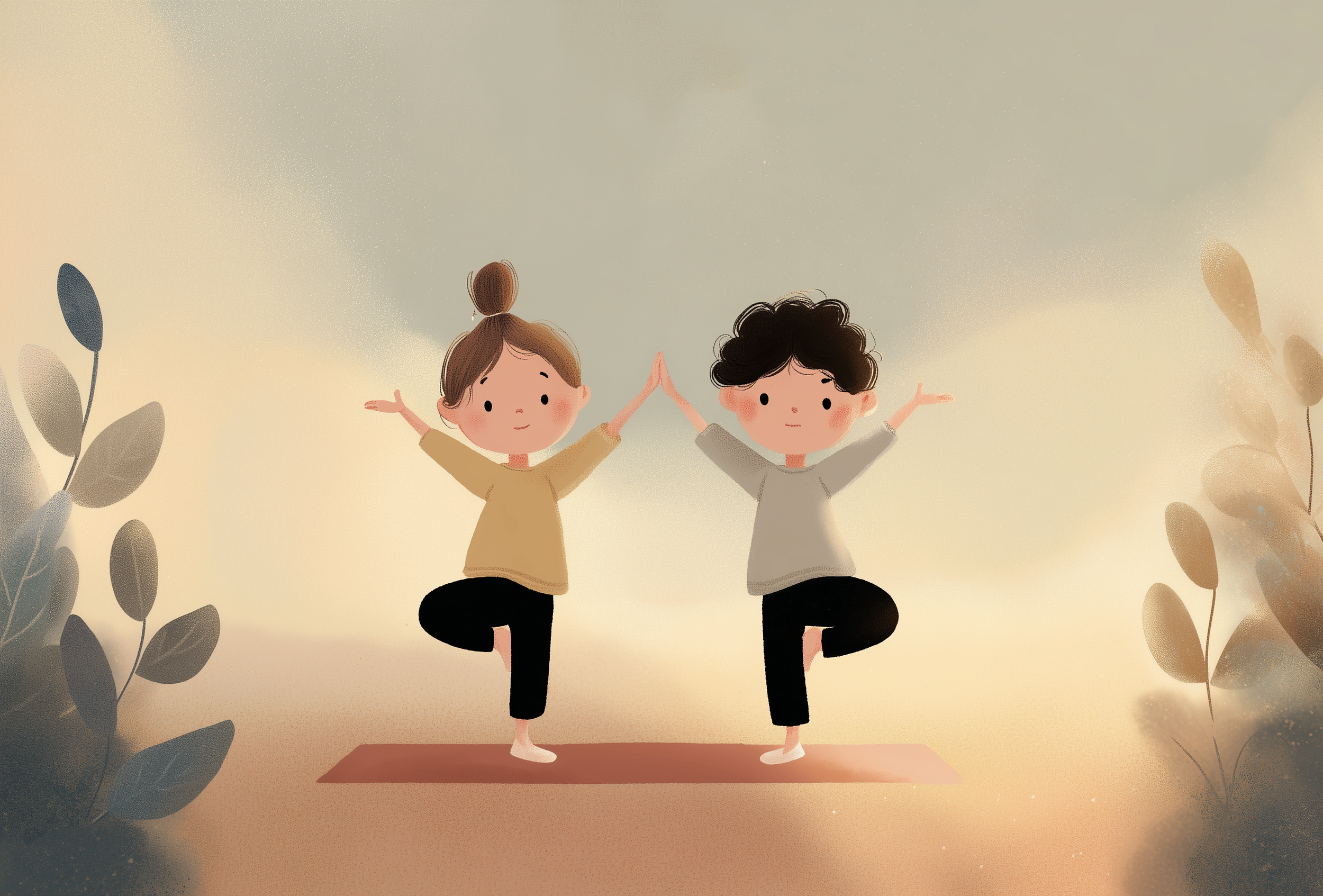 Two children practicing yoga on a mat with arms raised and touching palms, surrounded by leaves and a soft, warm background.