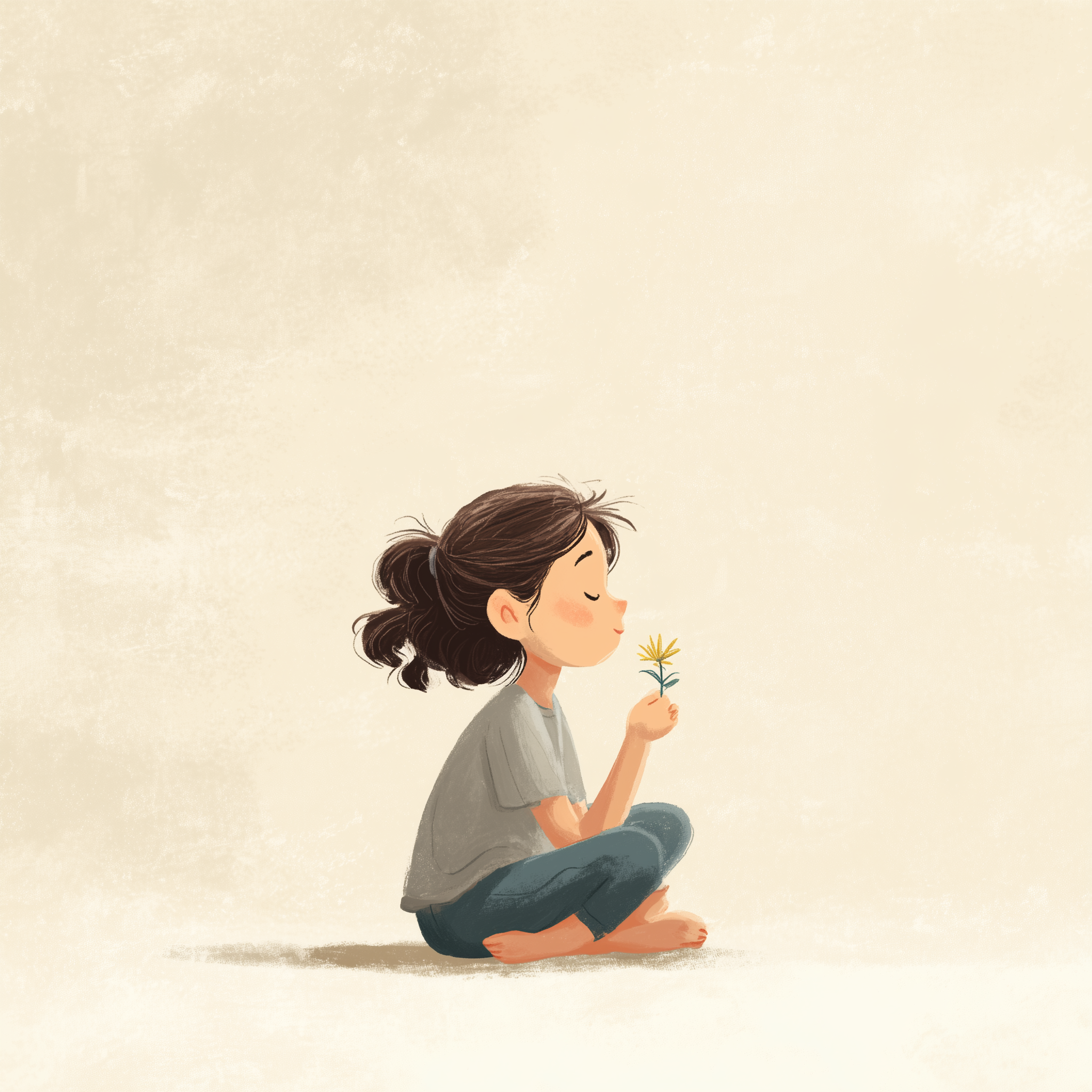 A girl sitting cross-legged on the floor, holding a small yellow flower close to her face with her eyes closed.