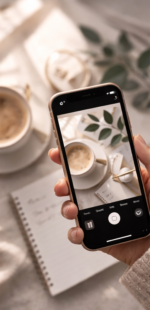 Person taking a photo of a coffee cup on a table with a smartphone, surrounded by a notebook and leaves.