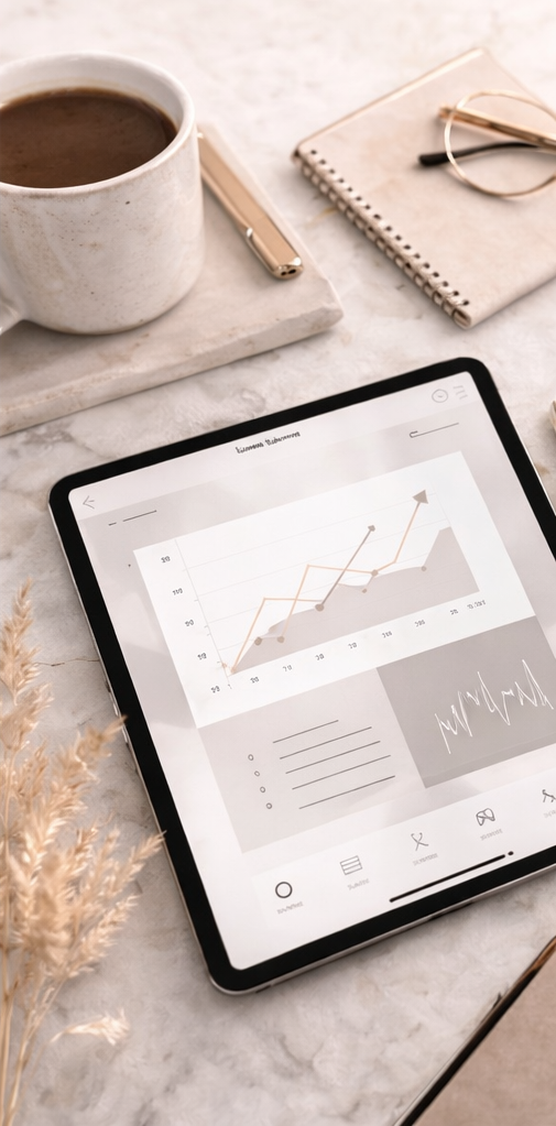 Tablet displaying business graphs and charts on a marble desk setting with a cup of coffee, notebook, glasses, and pen.
