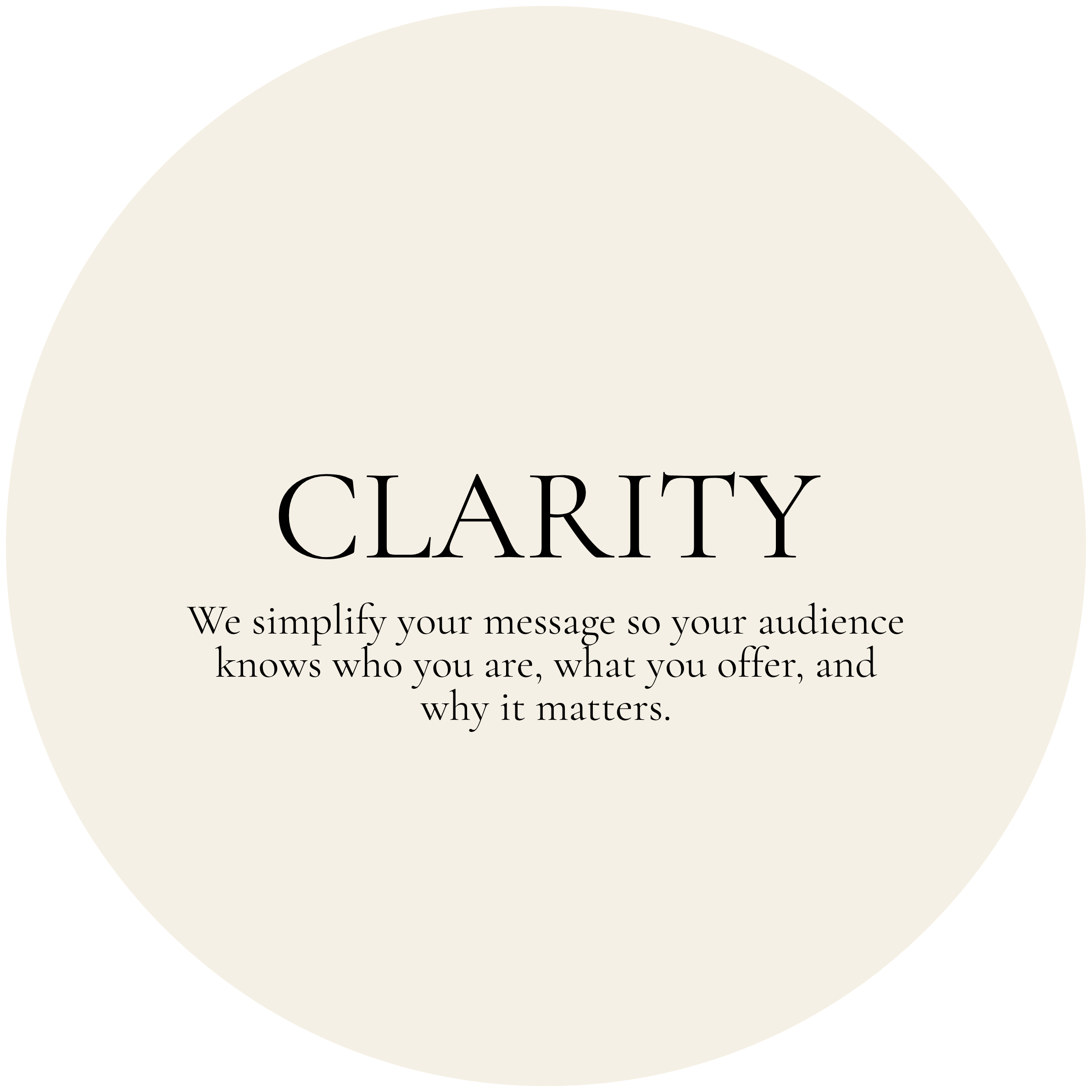 Close-up of a round beige sticker with black text reading 'CHARITY' and smaller text below about message simplification for audience understanding.
