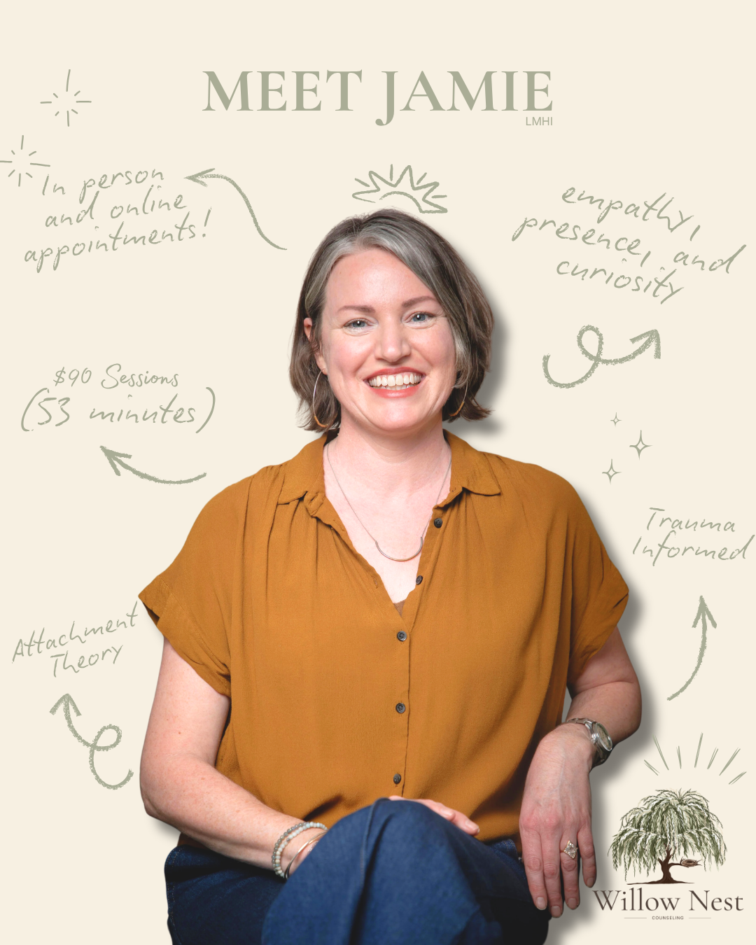 A woman smiling, seated, with handwritten notes and doodles around her, introducing herself as Jamie from Willow Nest Counseling.