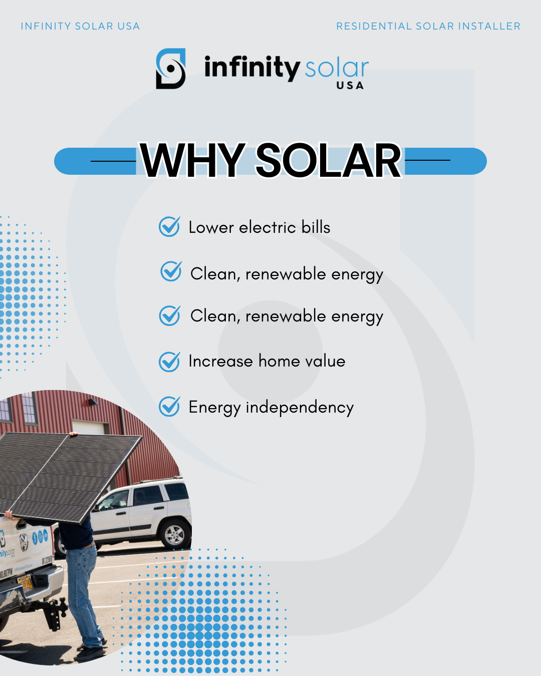 A marketing poster for Infinity Solar USA promoting the benefits of solar energy, with a list of reasons to choose solar, including lower electric bills, clean renewable energy, increased home value, and energy independence, alongside a photo of a pe
