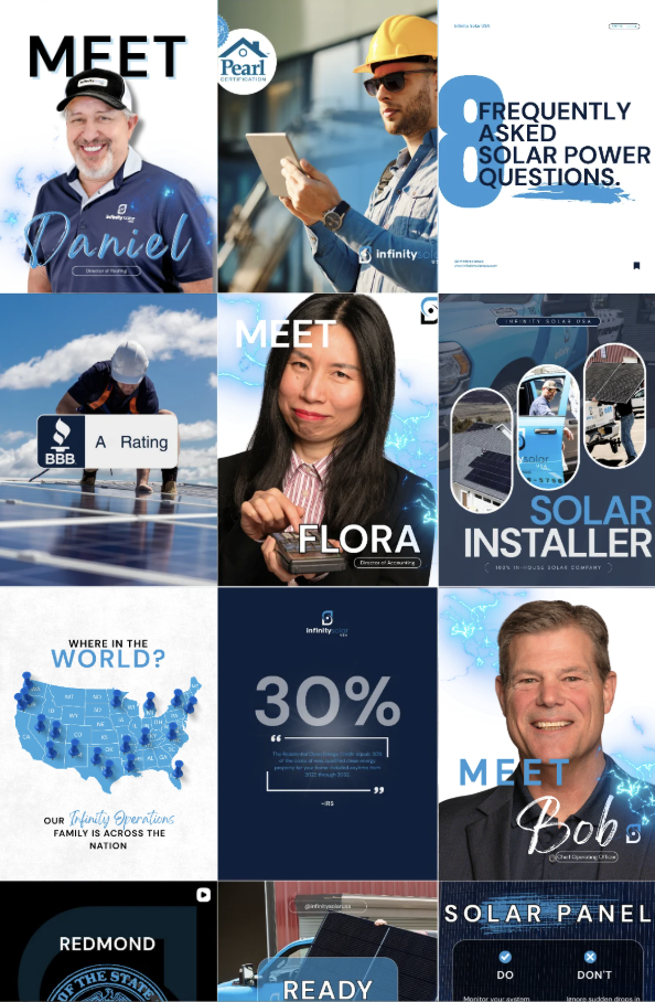 Collage of nine images promoting solar energy, featuring people, solar panels, and informational text about solar power and installation.