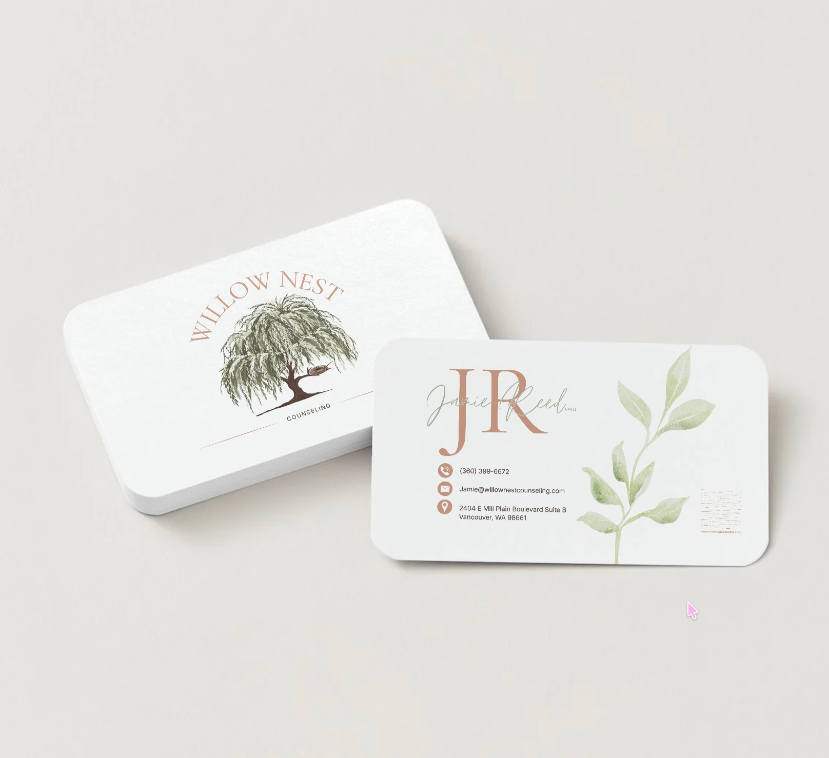 Business cards for Willow Nest Counseling and Jamie Read. One card features a willow tree illustration and the other includes contact details and a green leafy design.