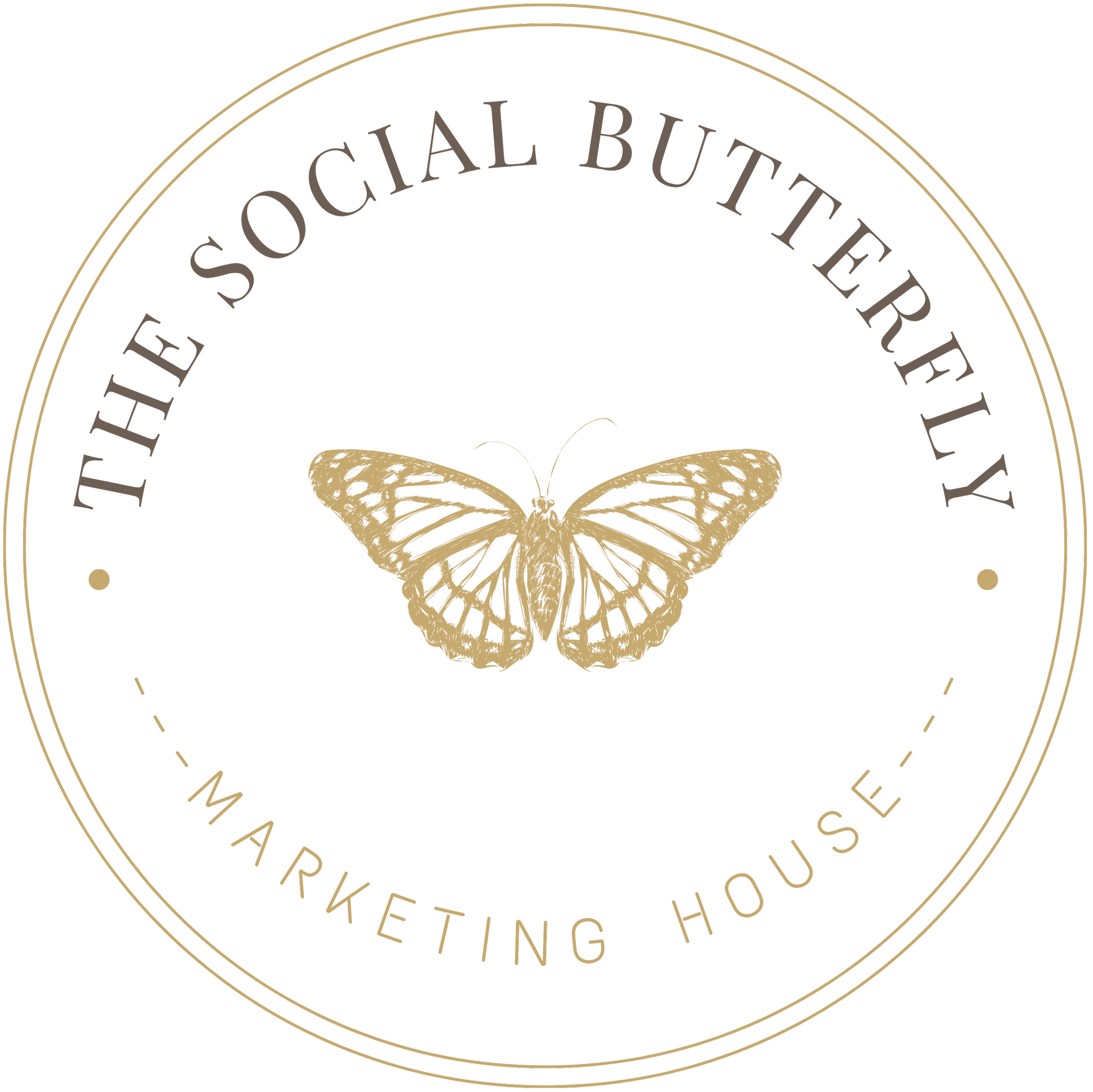 Gold butterfly with black outline on black background, surrounded by circular text reading 'The Social Butterfly,' and additional text 'FURNITURE, ETC.,' with decorative gold-lined circles.