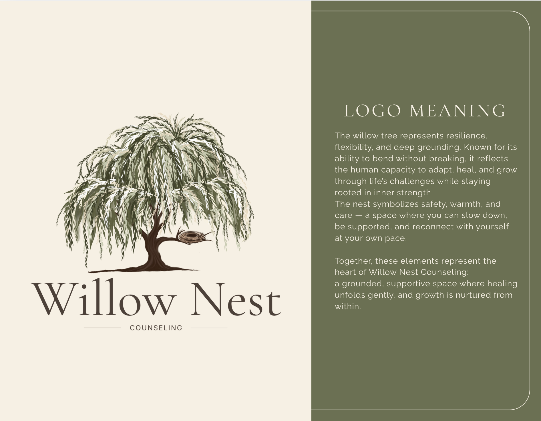 An illustrated willow tree with a nest and bird on the branches, next to text about willow nest counseling, explaining the symbolism of the willow tree and nest for resilience, safety, and growth.