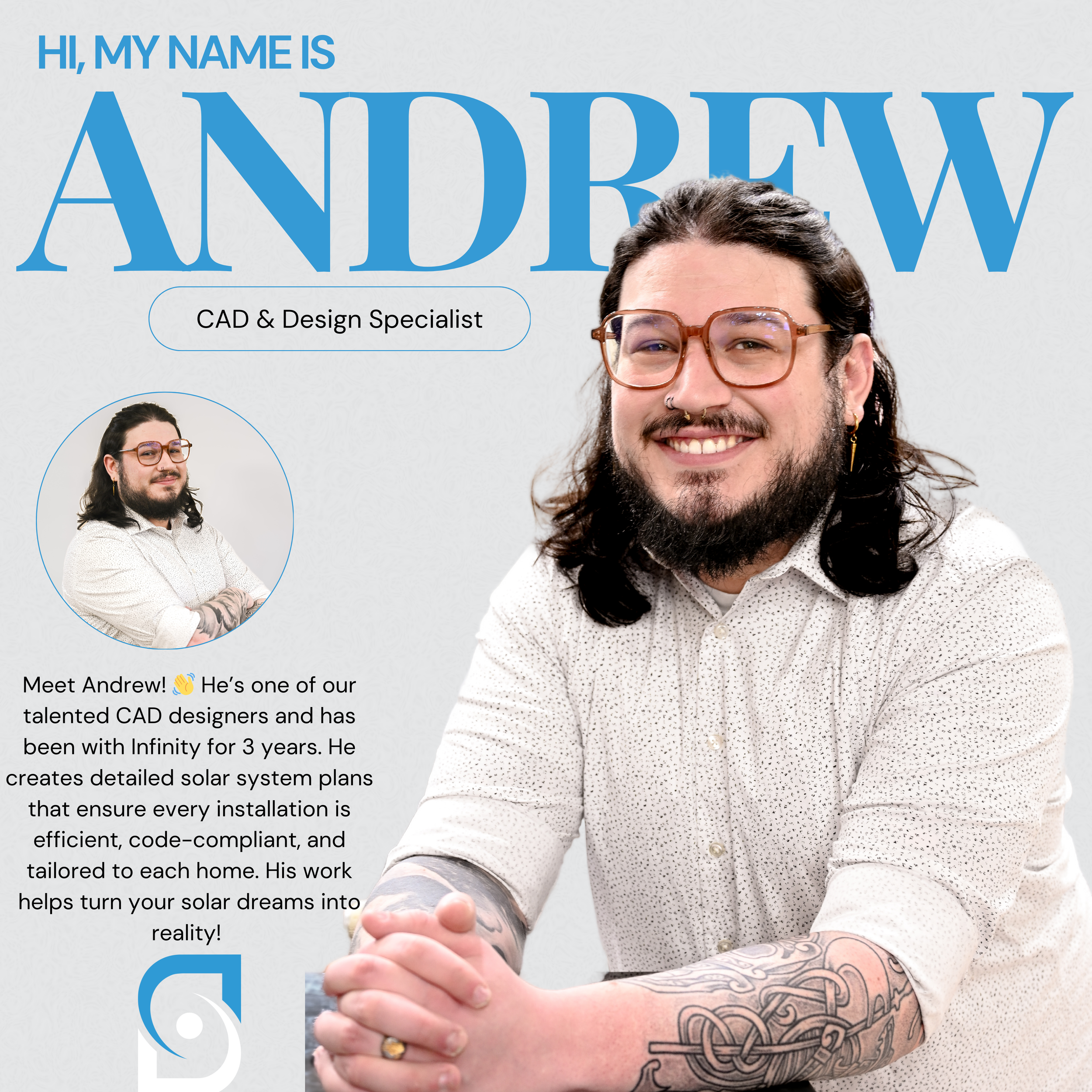 A professional profile of a man named Andrew, a CAD and design specialist. The image features a large portrait of Andrew smiling, with shoulder-length dark hair, beard, glasses, and wearing a white patterned shirt. There is a smaller circular inset o