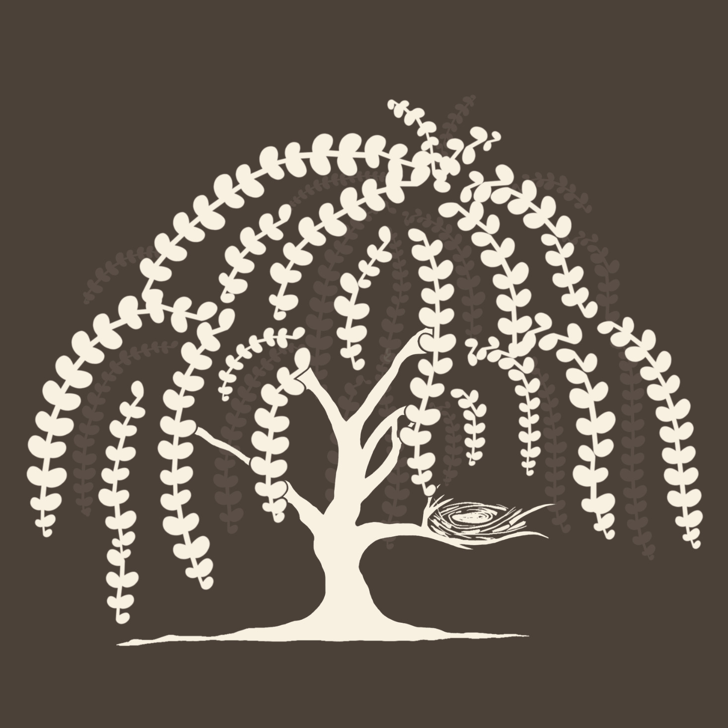 Illustration of a tree with long, hanging branches resembling vines, with a bird's nest at the base of the tree.