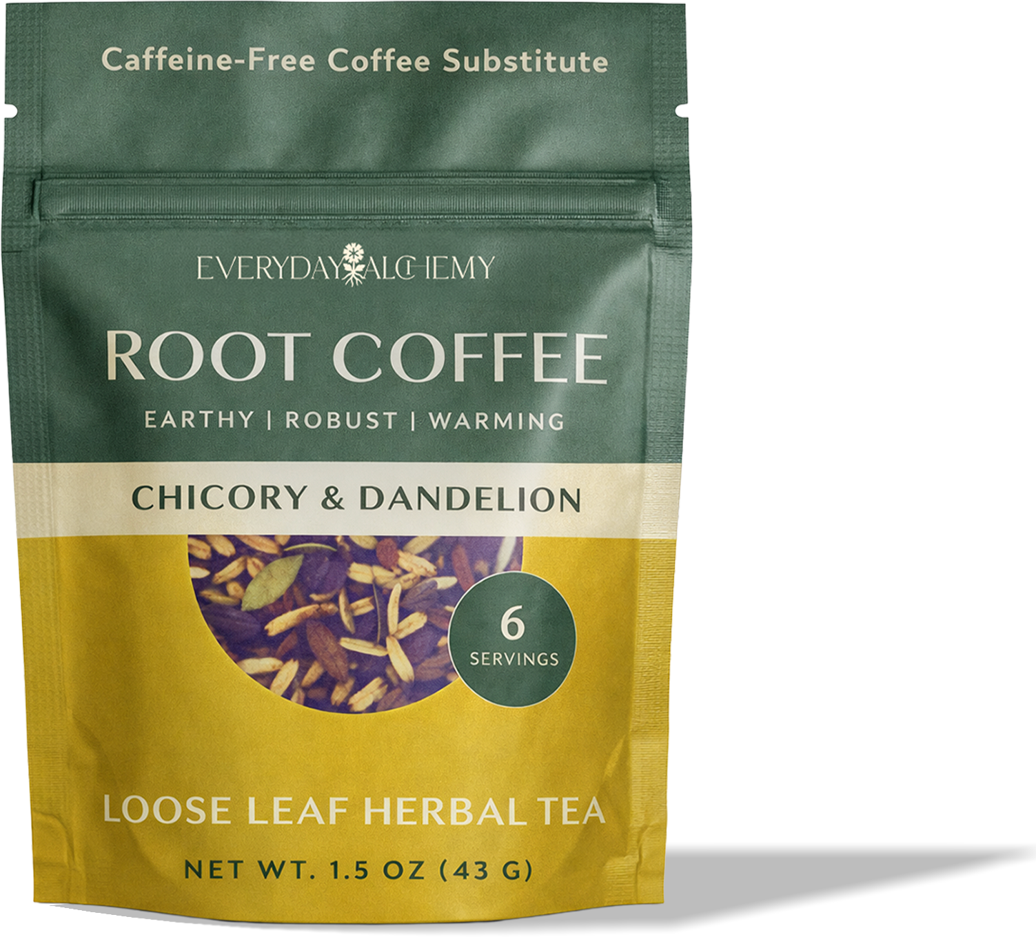 A package of herbal tea labeled 'Root Coffee' by Everyday Alchemy, featuring chicory and dandelion, with six servings and a net weight of 1.5 ounces (43 grams).