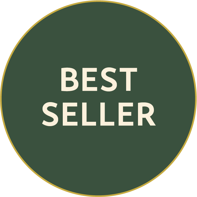 Green circular badge with a gold border that says "Best Seller" in white uppercase letters.