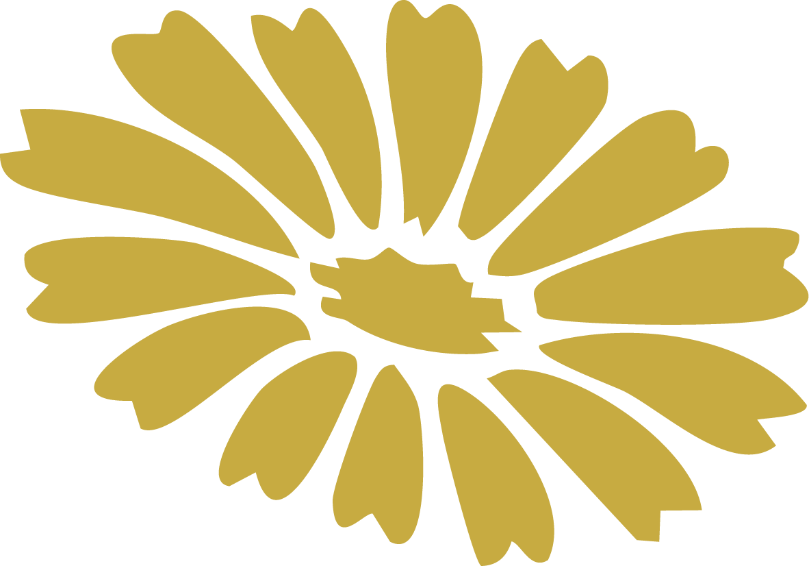 A stylized graphic of a flower with gold petals and a black background.