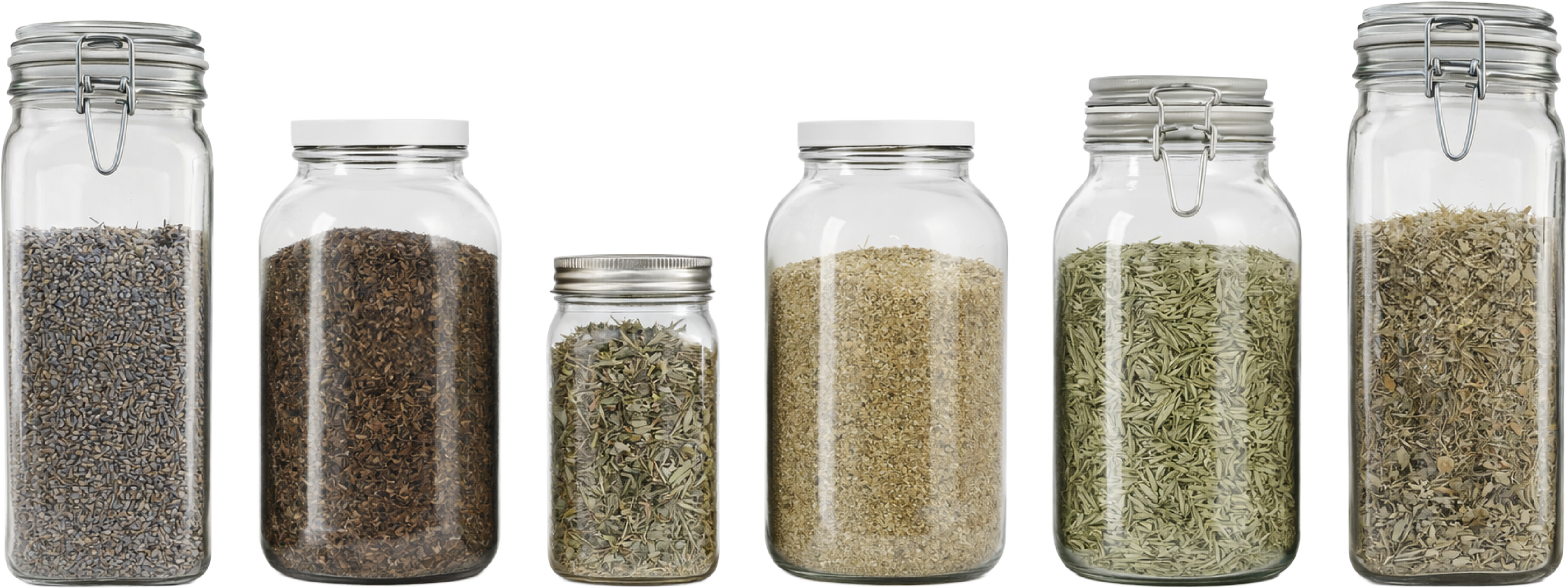 Six glass jars containing different dried herbs and spices, arranged in a row.