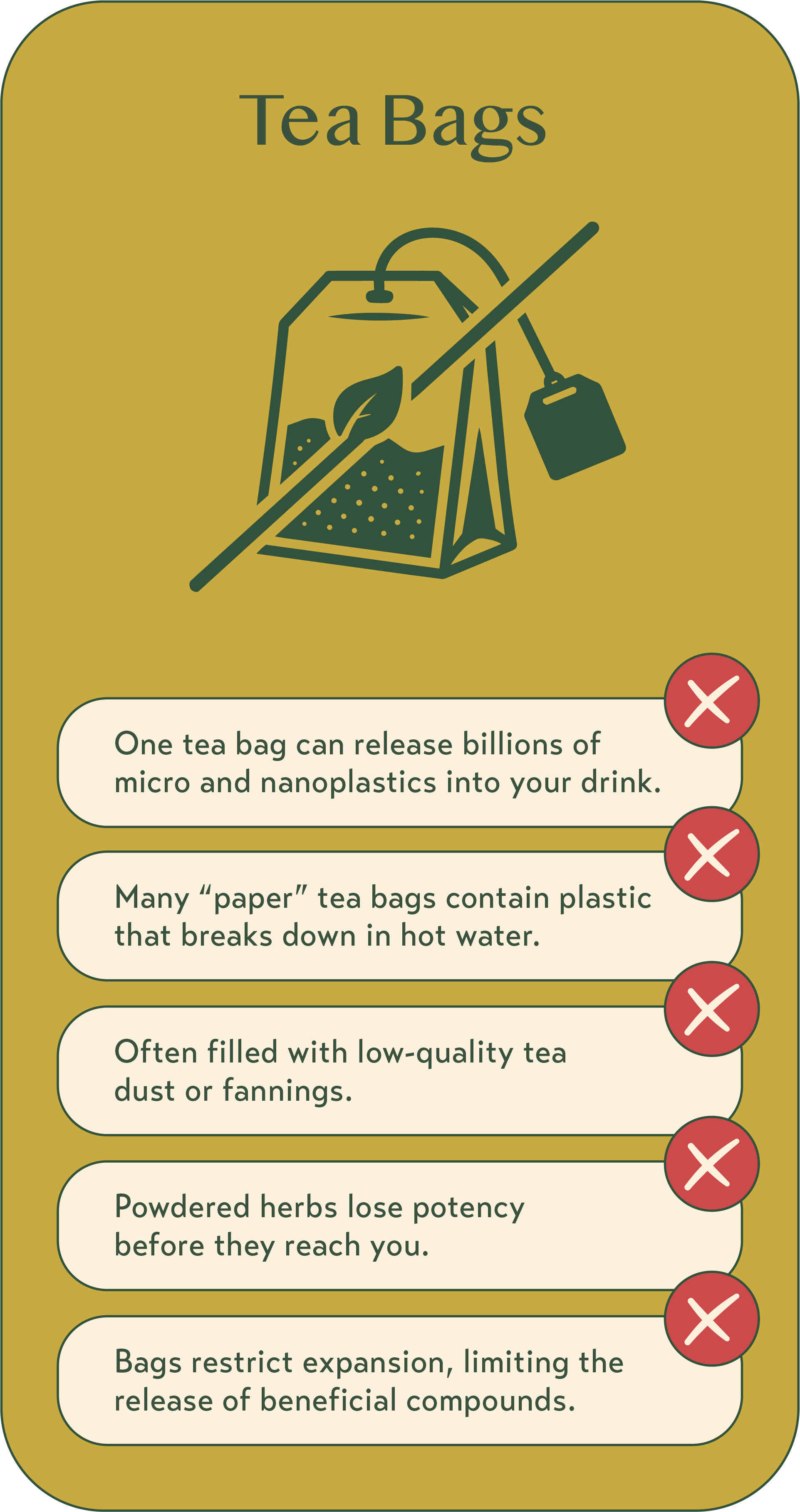 A poster warning about the dangers of tea bags, including microplastics, plastic content, low-quality tea dust, powdered herbs, and limited release of beneficial compounds.