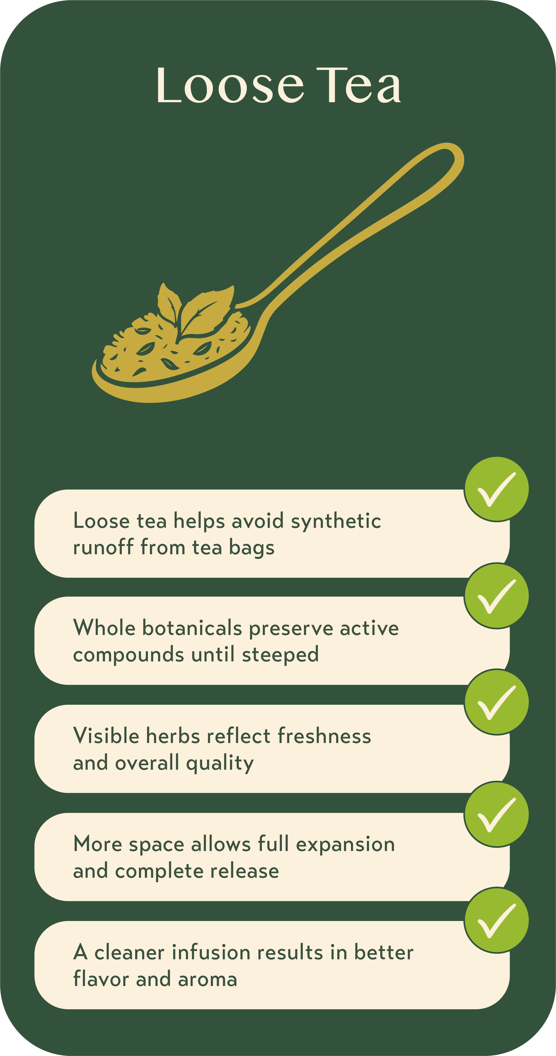 An infographic about loose tea benefits, featuring a spoon with loose tea and herbs, and checkmarks next to various points emphasizing tea preservation, freshness, expansion, infusion, and flavor.