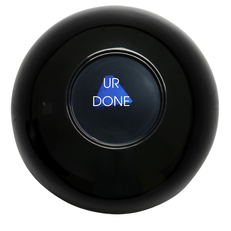 A black circular device with a digital display in the center showing the words "UR DONE" with a blue checkmark.