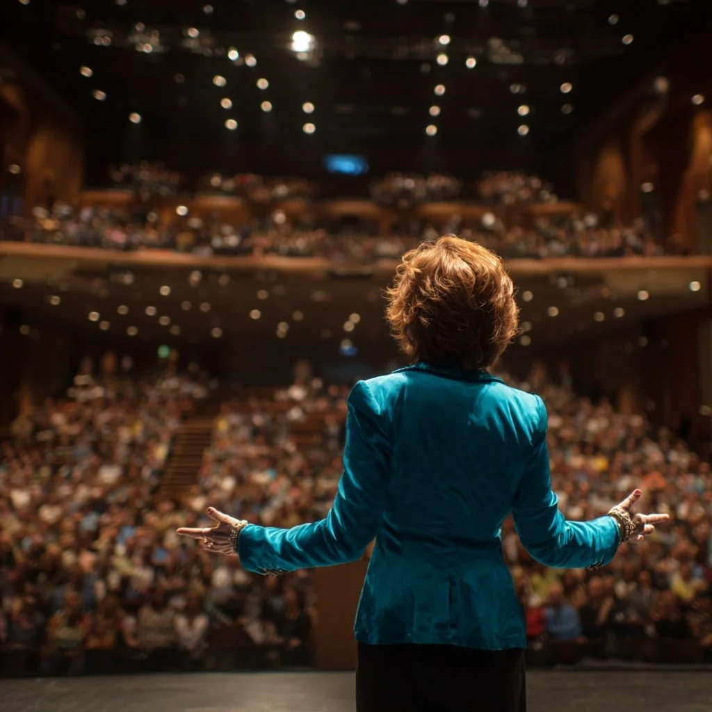 A woman wearing a blue blazer standing on stage in front of a large audience in a theater or auditorium.