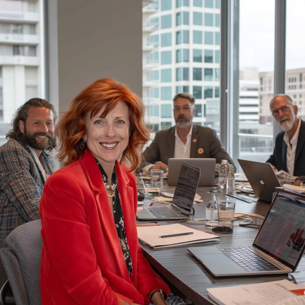 A woman with red hair smiling at a meeting table with four men in a modern office with large windows and cityscape background.